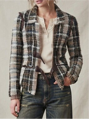 Free People Jacket Blazer Sz 10 Tweed Heritage Preppy Old Money Fits Large Plaid